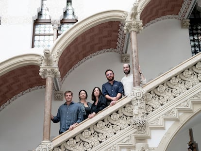 Antonio Espinosa de los Monteros Darnaude, Susana Arrechea, Victoria Luengo, Daniel Millor Vela y Moisés Expósito-Alonso, ganadores de los Premios Princesa de Girona 2024 este lunes en el Caixaforum Macaya (Barcelona).