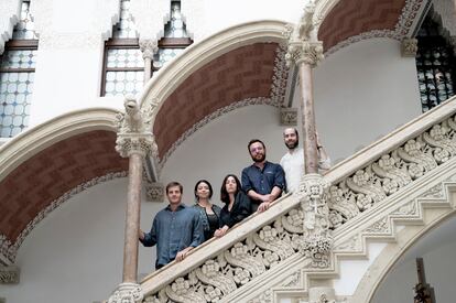 Antonio Espinosa de los Monteros Darnaude, Susana Arrechea, Victoria Luengo, Daniel Millor Vela y Moisés Expósito-Alonso, ganadores de los Premios Princesa de Girona 2024 este lunes en el Caixaforum Macaya (Barcelona).