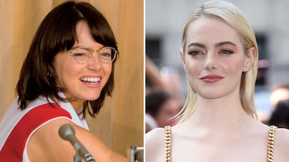 'La batalla de los sexos', en 2017 (cuando están tomadas ambas fotos) fue la primera película de Emma Stone después de 'La La Land', y su apariencia resultó totalmente distinta de la que mostró en el musical y en las muchas alfombras rojas por las que paseó para promocionarlo. Para su nueva cinta se puso en la piel de la tenista Billie Jean King en su partido contra Bobby Riggs en 1973. Buscó el aspecto setentero y claramente lo logró.