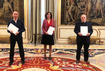 Luis Rubiales, Irene Lozano y Javier Tebas, el pasado sábado en el palacio madrileño de Viana.