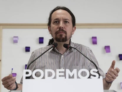El secretario general de Podemos, Pablo Iglesias, en rueda de prensa. 
