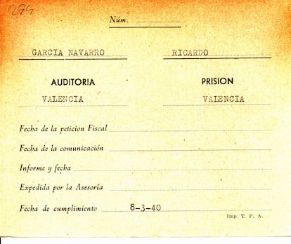 El nombre de Ricardo García Navarro es uno de los que figura en el Fichero de Penados, donde se refleja también la fecha de su fusilamiento. 