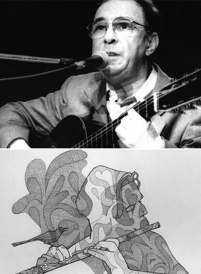 João Gilberto (a la izquierda) y Vinicius de Moraes. Debajo, Antonio Carlos Jobim dibujado por Loredano.