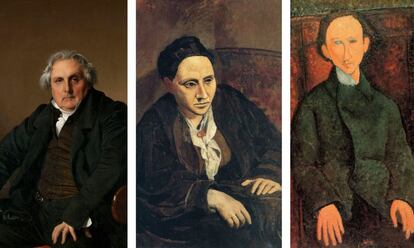El retrato de 'monsieur' Bertin de 1832 (a la izquierda), fue una de las obras cumbres de Ingres, otra de las que se ha repetido a lo largo de la historia. Su postura y las manos sobre las rodillas, cual garras, se reconocen en otros artistas. En el centro, el retrato de Gertrude Stein, aglutinadora de la intelectualidad parisina de principio del siglo XX, realizado por Picasso en 1906. A la derecha, es Amadeo Modigliani el que en 1916 toma la imagen de 'monsieur' Bertin para retratar a Pinchus Kremègne.