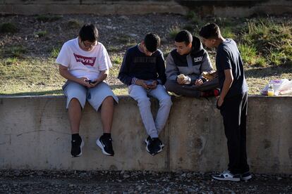 Varios alumnos utilizan sus teléfonos móviles durante el recreo en un instituto del área de Barcelona.