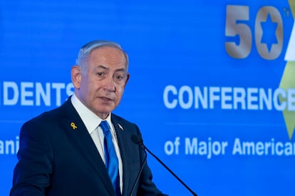 Benjamín Netanyahu, durante la conferencia de presidentes de organizaciones judías, este domingo en Jerusalén. 