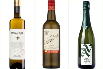 Algunos de los vinos seleccionados por Valerio Carrera: Bouza do Rei, San León de Bodegas Argüeso y Vives Ambròs Brut.