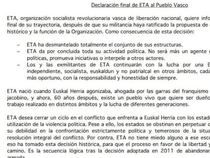 Comunicat íntegre d’ETA en el qual anuncia la seva dissolució