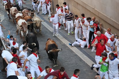 Los toros de la ganadería de Fuente Ymbro, a su paso por la cuesta de Santo Domingo.