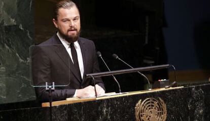 Leonardo DiCaprio habla ante las Naciones Unidas en septiembre de 2014.