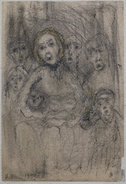 'O bunker', obra de Halina Olomucka, desenhada em 1944. Segundo a historiadora Agnieszka Sieradzka, é uma das mais devastadoras obras realizadas em Auschwitz com suas imagens de crianças aterrorizadas.