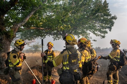 La 'Brigada Hormiga' descansa durante el incendio forestal en Pentes, Ourense.