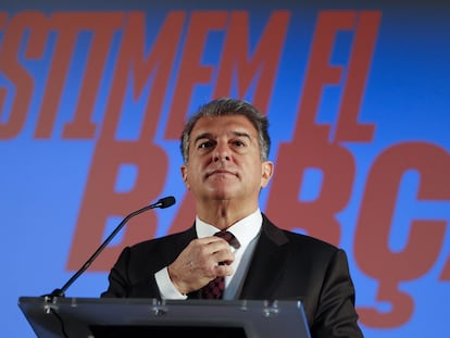 Joan Laporta, entonces candidato a la presidencia del Barça, en una rueda de prensa en enero de 2021.