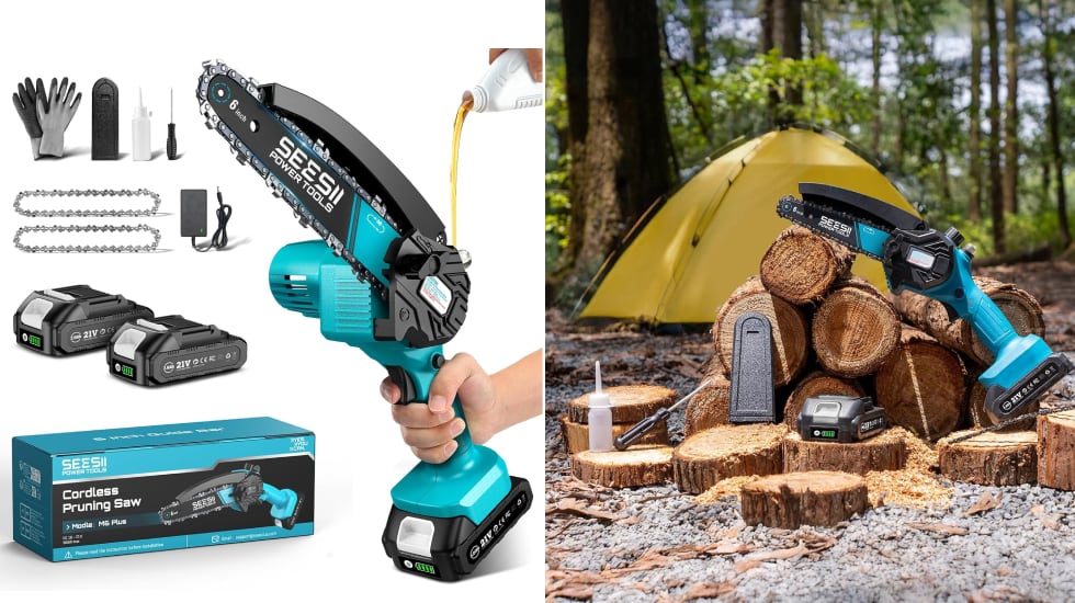 Minimotosierra inalámbrica que puede utilizarse con una sola mano.