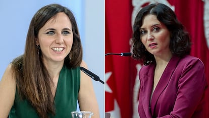 Combinación de imágenes de la ministra de Asuntos Sociales, Ione Belarra (izquierda) y la presidenta de la Comunidad Autónoma de Madrid, Isabel Díaz Ayuso.