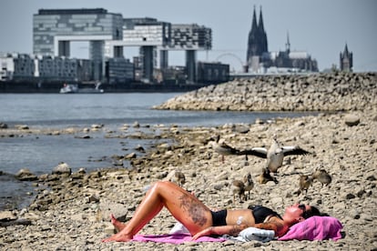 Una mujer toma el sol en la orilla del Rin en Colonia, Alemania, este martes. 