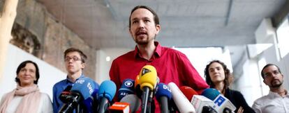 Pablo Iglesias, líder de Podemos, en una conferencia de prensa este lunes.