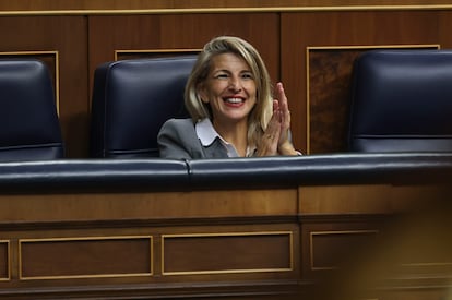 La vicepresidenta segunda y ministra de Trabajo y Economía Social, Yolanda Díaz, durante la sesión de control al Gobierno celebrada este miércoles en el Congreso.