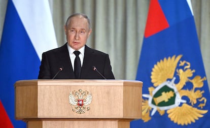 Russian President Vladimir Putin delivers a speech during a meeting of the collegium of the Prosecutor General's office in Moscow, Russia, March 26, 2024.