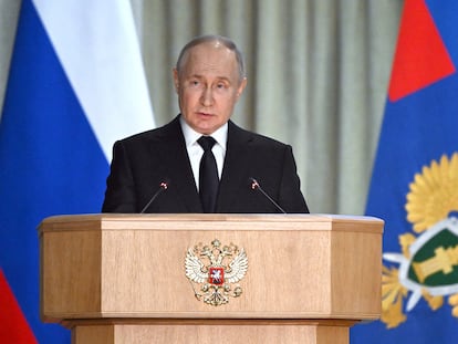 Russian President Vladimir Putin delivers a speech during a meeting of the collegium of the Prosecutor General's office in Moscow, Russia, March 26, 2024.