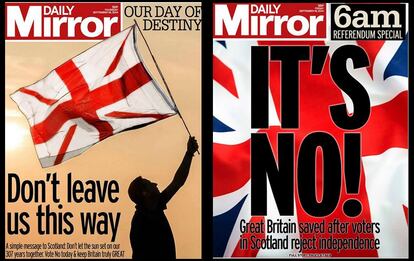 "No nos dejéis así". Ese es el titular del día de la votación del tabloide británico 'Daily Mirror', acompañado de la bandera inglesa. Todo lo contrario a la portada del día siguiente, la de hoy, en la edición especial, con un gran no, con la Union Jack de fondo.