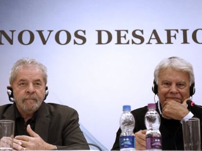 Lula e Felipe Gonz&aacute;lez, em S&atilde;o Paulo.