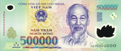 Billete de 500.000 dong de Vietnam, el papel moneda con la denominación más alta en la actualidad. Este papel equivale a 19,62 euros.