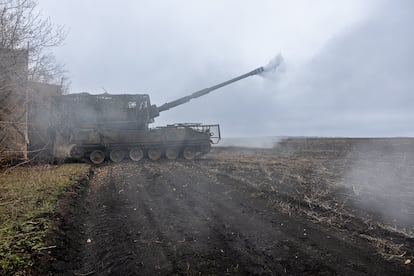 An AHS Krab self-propelled howitzer supplied by Poland to the Ukrainian Armed Forces fires in the direction of Chasiv Yar on the Donetsk frontline, Monday.