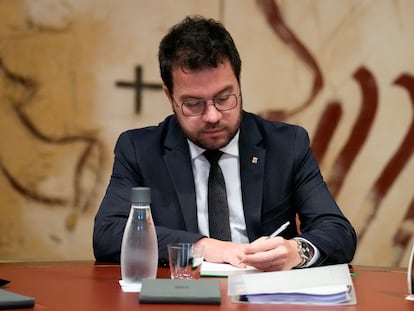 El presidente de la Generalitat, Pere Aragonès, durante la reunión semanal del gobierno catalán.