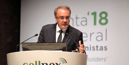 Tobías Martínez, presidente de Cellnex, en la junta de este jueves en Madrid. 