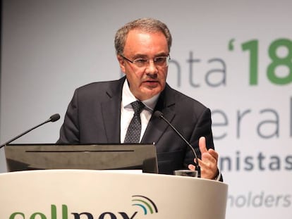 Tobías Martínez, presidente de Cellnex, en la junta de este jueves en Madrid. 