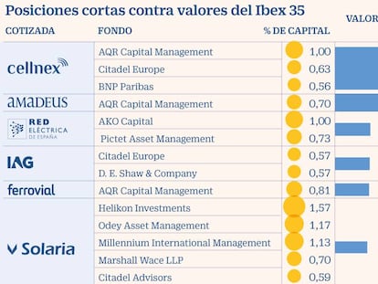 Cellnex, IAG, REE y Solaria acumulan la mitad de las apuestas bajistas del Ibex