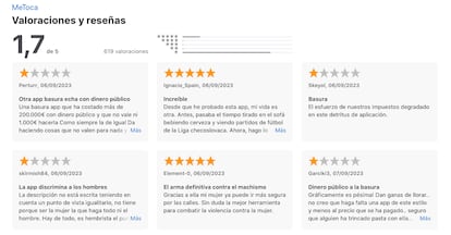 Algunas de las reseñas y valoraciones visibles de la aplicación MeToca en la AppStore, el servicio de descargas de los dispositivos Apple.