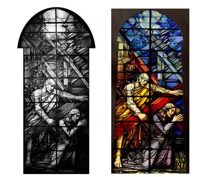 A la derecha, cartón para una vidriera de la catedral de Segovia, y la vidriera ya en su ventana.