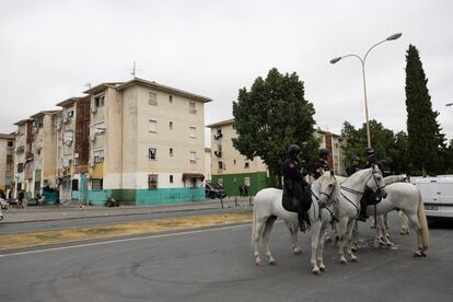 Agentes a caballo participan en la operación en las Tres Mil Viviendas, este viernes en Sevilla.