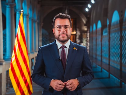 El presidente de la Generalitat, Pere Aragonès, durante el mensaje institucional de la Diada de 2023.