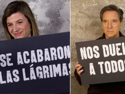Huecco, con Pilar Bardem;  Bibiana Aído e  Iñaki Gabilondo, en imágenes del vídeo de la campaña.