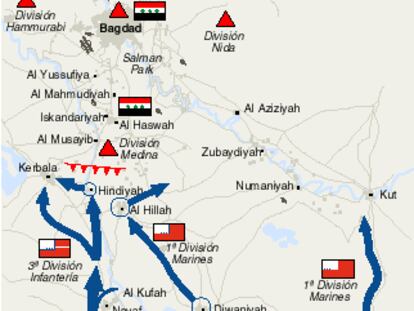 La coalición cerca Kerbala y avanza a sólo 30 kilómetros de Bagdad
