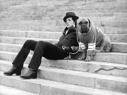 Sylvester Stallone and his dog Butkus, who appears in the first two installments of 'Rocky.'