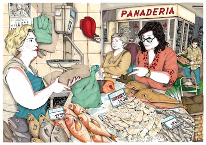 Almudena Grandes en el Mercado de Barceló, una ilustración de Ana Jarén incluida en el libro 'Almudena. Una biografía' (Lumen), de Aroa Moreno y Ana Jarén.