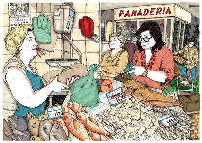 Almudena Grandes en el Mercado de Barceló, una ilustración de Ana Jarén incluida en el libro 'Almudena. Una biografía' (Lumen), de Aroa Moreno y Ana Jarén.