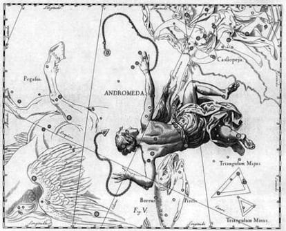 Una de las imágenes incluídas en el catálogo celestial de Johannes Hevelius, donde se hace referencia a la constelación de Andrómeda y a las de Casiopea y Pegaso.
