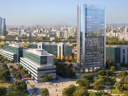 Parque empresarial Adequa, junto a la recreación de la futura torre en Las Tablas.