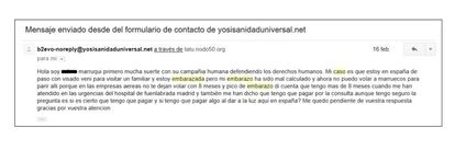 Correo electrónico recibido en el buzón de Yo Sí Sanidad Universal por parte de una mujer marroquí embarazada. 