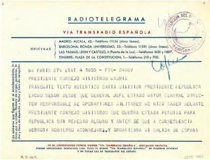 Radiotelegrama de Manuel Azaña, presidente de la Segunda República Española, a Diego Martínez Barrio, presidente de las Cortes, transmitiendo el texto de su dimisión, el 27 de febrero de 1939.