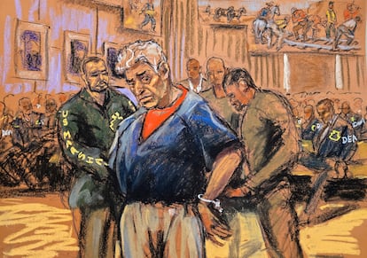 Retrato de la corte de Rafael Caro Quintero en su comparecencia en el Tribunal Federal de Brooklyn, Nueva York.