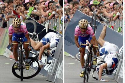 Secuencia de la maniobra ilegal de Bettini que provoca la caída de Cooke en el <i>sprint</i> de la cuarta etapa del Giro.