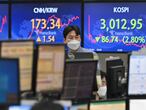 A currency dealer monitors exchange rates in front of screens showing South Korea's benchmark stock index (R) and the Korean won/CNH exchange rate (L) in a trading room at KEB Hana Bank in Seoul on February 26, 2021. (Photo by Jung Yeon-je / AFP)