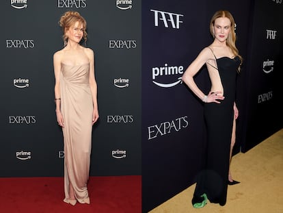 Nicole Kidman promocionando ‘Expatriadas’. A la izquierda, de Fendi en Sídney; a la derecha, de Versace en Nueva York.