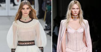 Una modelo en el desfile de la próxima colección de invierno de Chanel y, a la derecha, Karlie Kloss desfila para Balmain.